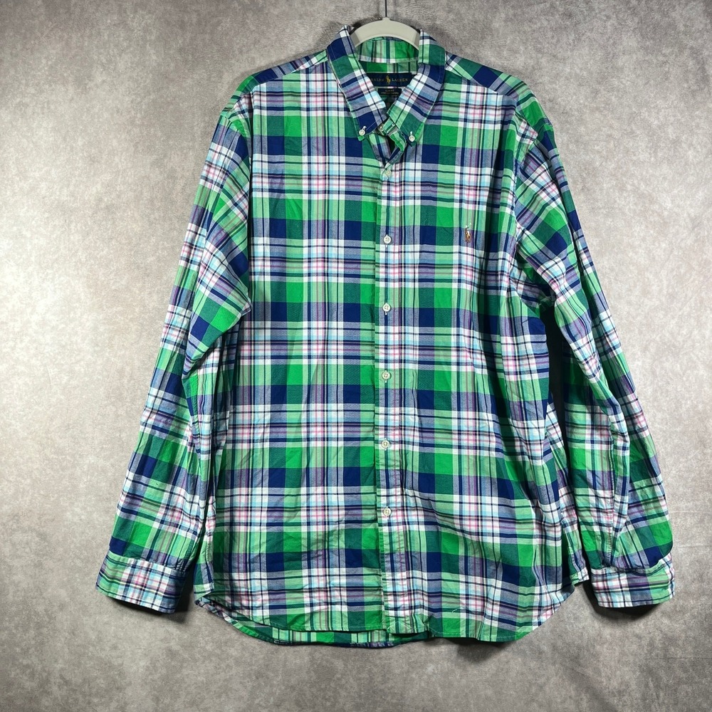 Ralph Lauren Dress Shirt Mens 2XL Green Plaid Stretch Oxford Slim Fit Flesh Pony